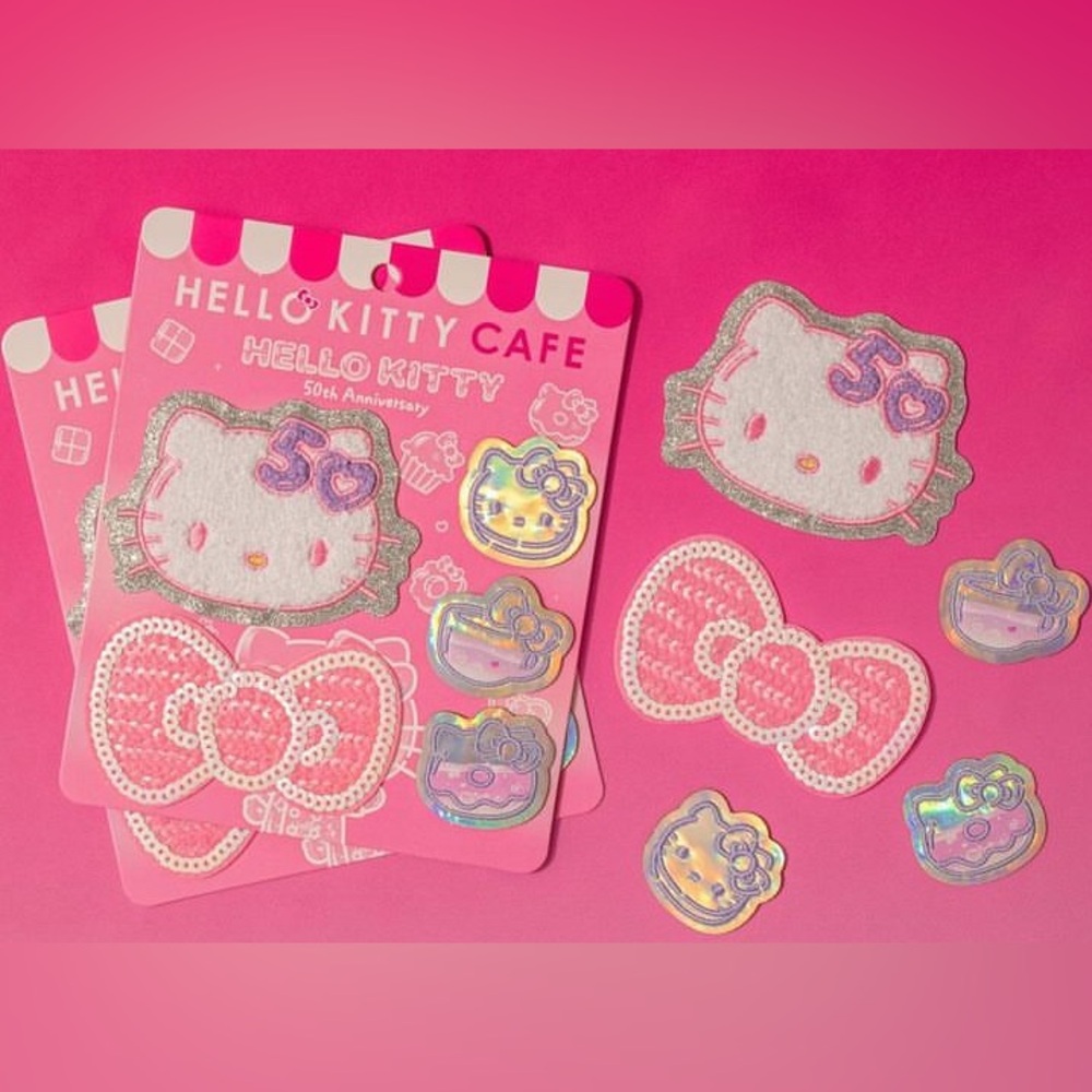 RARE SOLD OUT Hello Kitty Cafe Truck 50th Anniversary Patch Set 2024 w/ Sticker